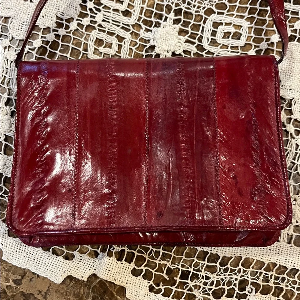 VTG Genuine Eel Skin SM Bordeaux Purse Convertible Crossbody Clutch Shoulder Bag